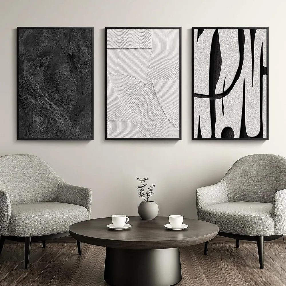 Large Framed Black and White Abstract Wall Art for Living Room, 3 Piece Canvas Prints Paintings Artwork for Walls