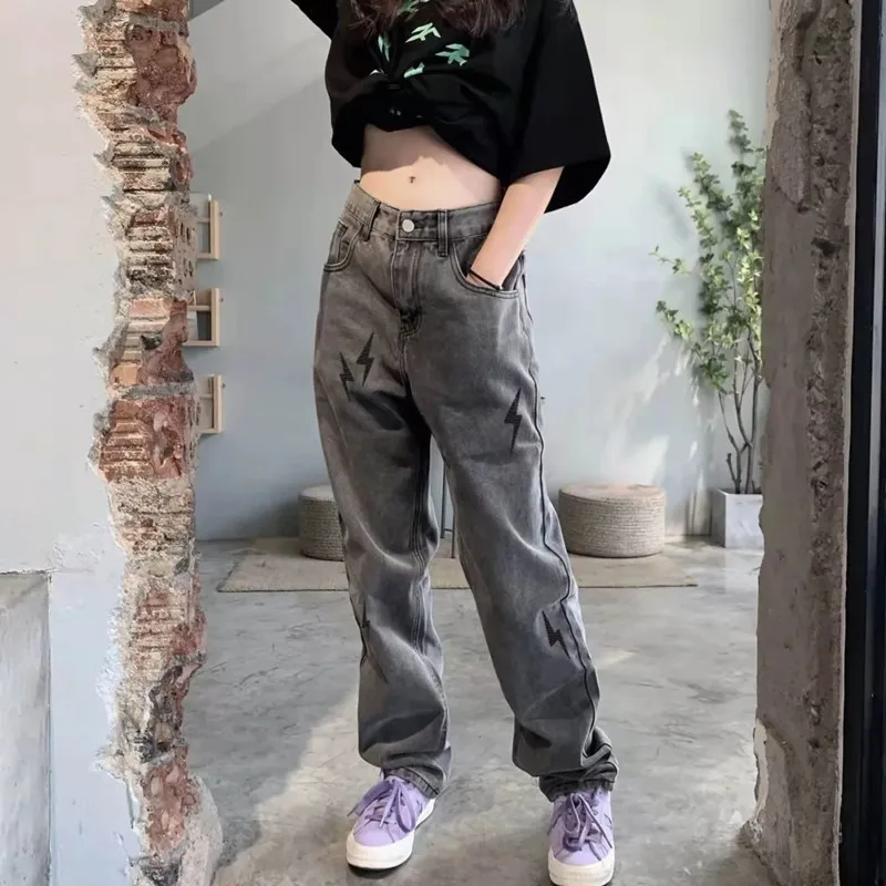 

Street Jeans Women's Gothic Mopping Pants Lightning Pattern Loose Wide-leg Pants Harajuku Casual All-match Y2k Denim Trousers