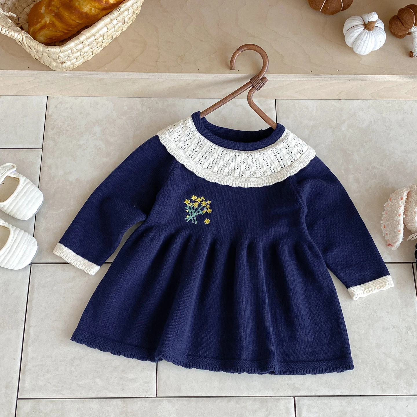 Navy Sweater Knit Dress for Kids with Ruffle Collar