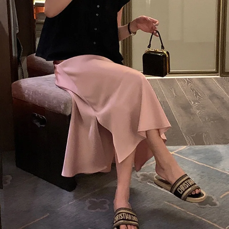 Summer Maternity Satin Skirt Side Split Fashion Pregnant Woman Belly Skirts Solid Color Long Loose Pregnancy Empired Skirt