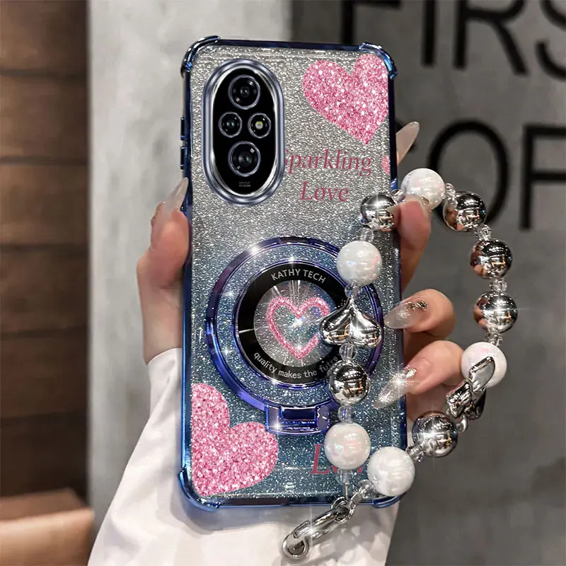Pearl Strap Glitter Love Phone Holder Back Cover Case
