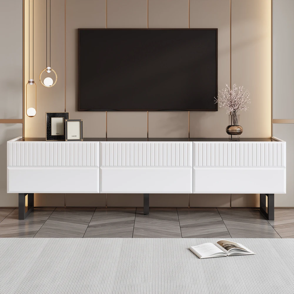 Moderne, minimalistische Couchtisch- und TV-Schrankkombination, Aufbewahrungsmöbel-Set in schwarz-weißen Streifen, Wohnzimmermöbel – Detail 2
