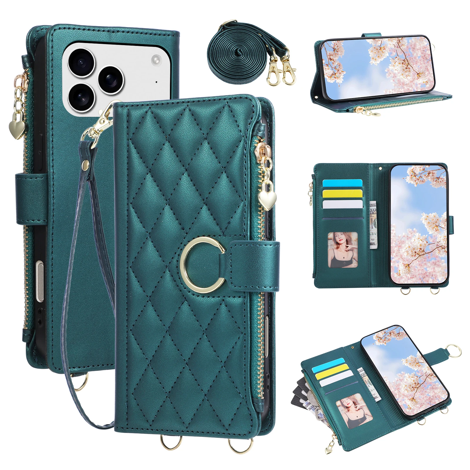 Quilted Zipper Wallet Phone Case with Crossbody Strap and Card Holder
