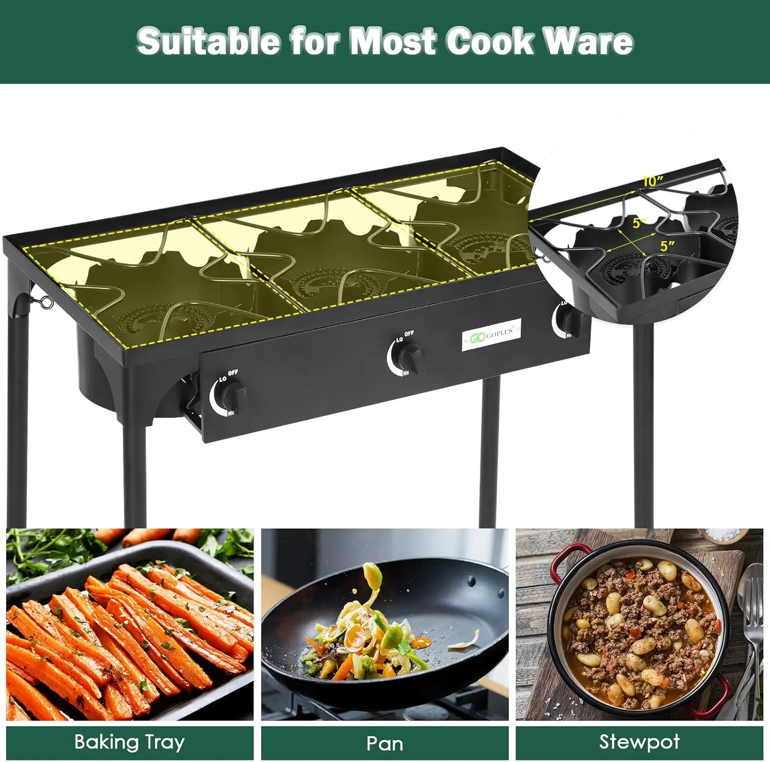 Camping Stove, 3 Burner Propane Gas Cooker w/Detachable Legs & CSA Regulator & 0-20 PSI Regulator for Camp Paito RV, Cast Iron, 5