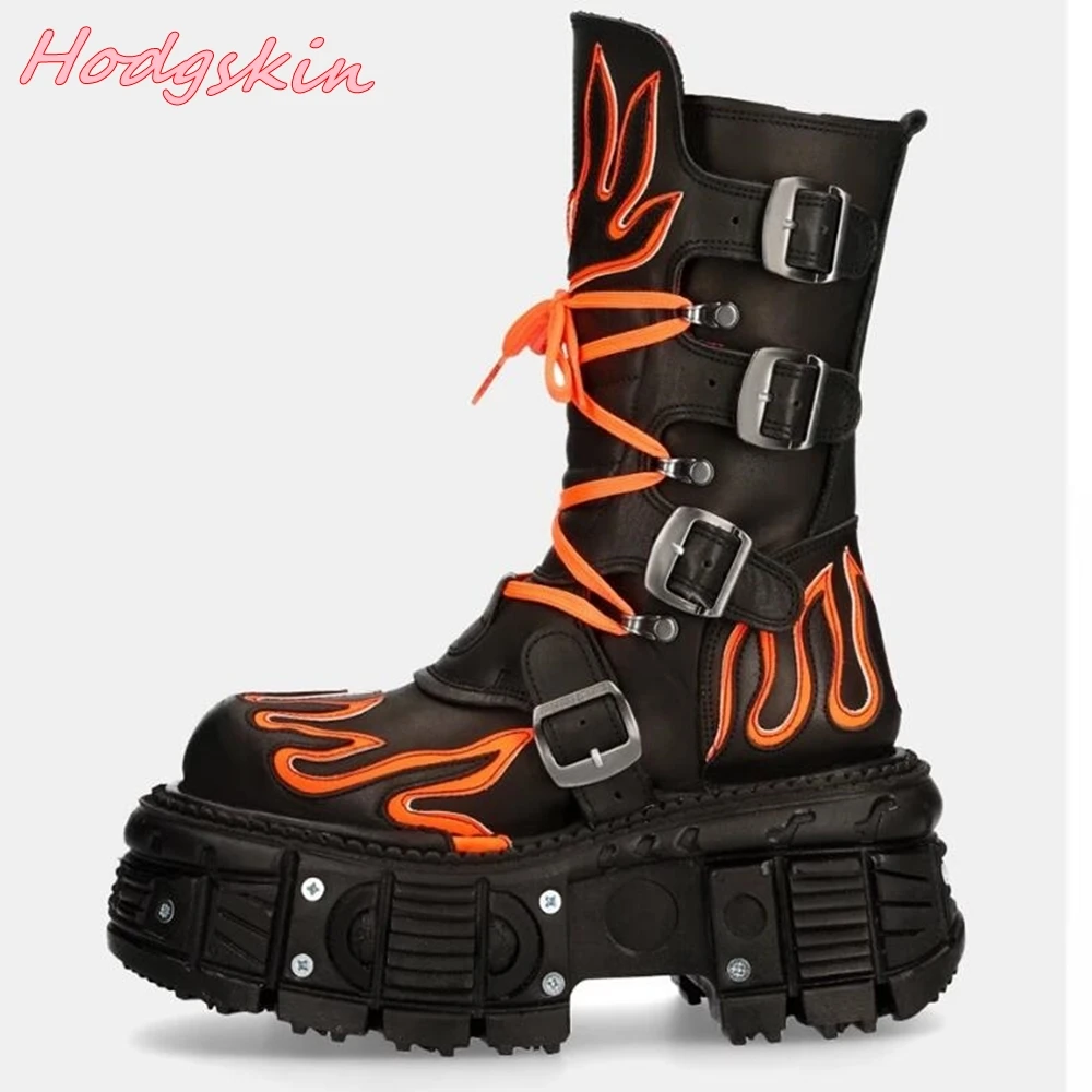 Punk Retro Fashion Women Boots Round Toe Thick Sole Lace Up Flats Boots 2024 Metal Decoration Leather Mid Calf Boots Hot Sale