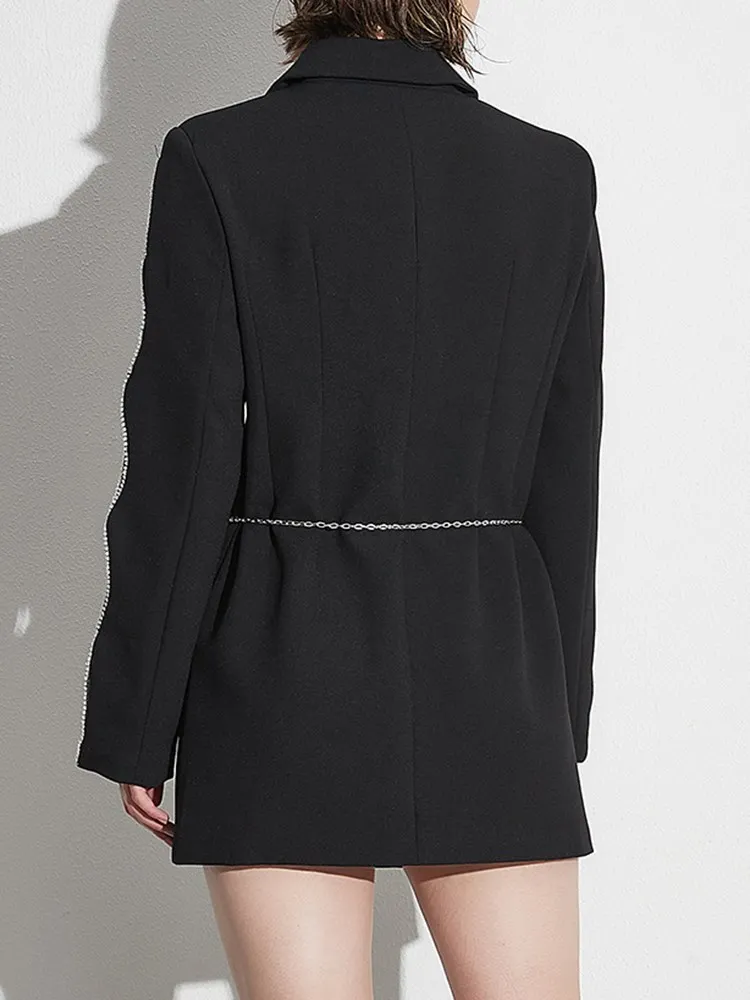 KBQ Spliced Chain Hollow Out Blazer For Women Notched Collar Long Sleeve Patchwork Diamonds Temperament Folds Blazers Female New