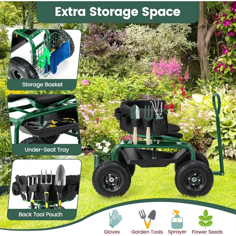Garden Cart, Outdoor Rolling Garden Scooter W/Adjustable 360 Degree Swivel Seat, Tool Tray & Storage Basket, Extendable