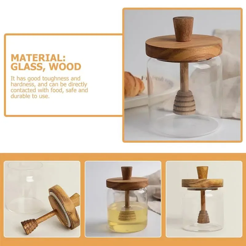 Honey Pot Airtight 500 ML Honey Jar and Dipper Set Stick and Jar Glass Containers with 2 Wooden Dipper