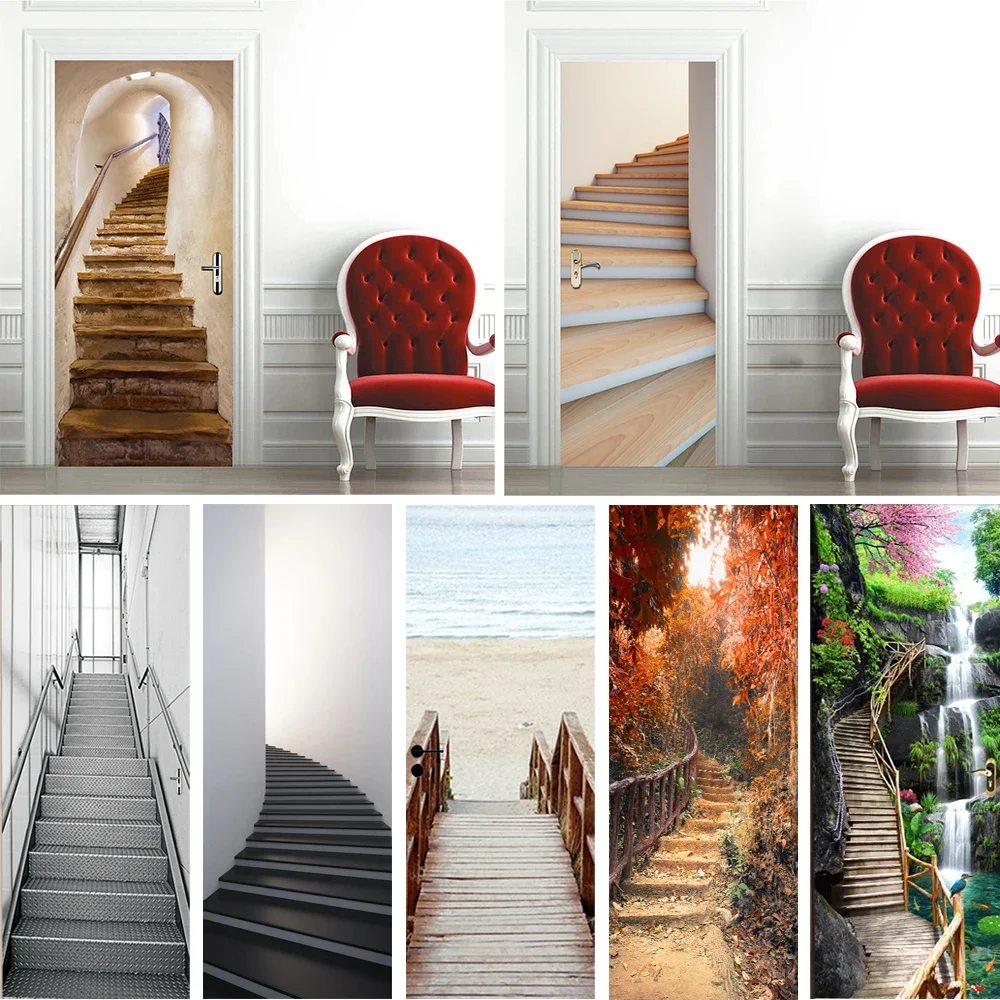 

3D Visual Effect Stairs Door Stickers Self-adhesive Vinyl Full Door Cover for Fridge Home Decor Staircase 3D Wallpapers Mural