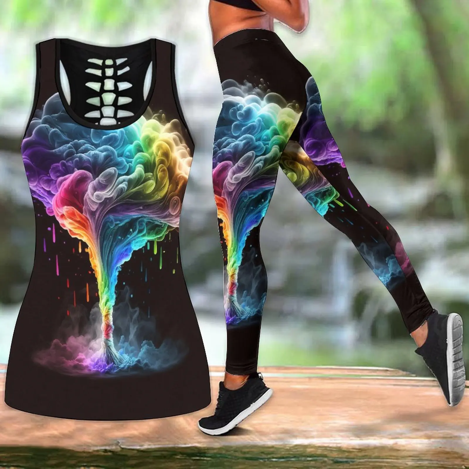 

Summer Fashion Women Sportswear Yoga Set Tie-Dye GlowingPrint Tank Top LeggingsXS-8XL