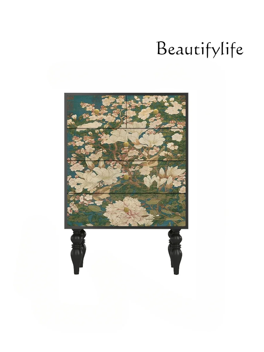 

French Style Antique Flower Living Room Home Storage High Foot against the Wall Five Buckets Solid Wood Decoration Side Cabinet