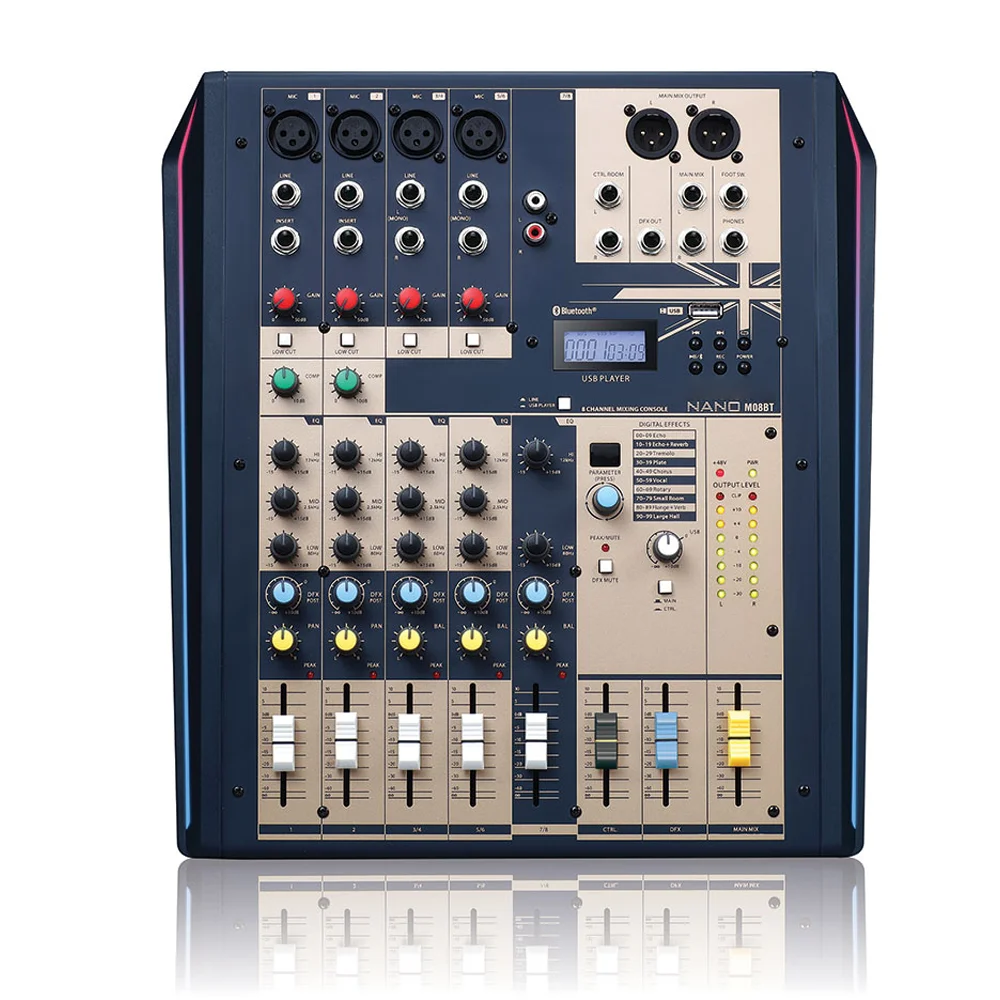 Nano M08BT Compact analogue 8 channel mixing console with with 4 Mic inputs 3 Stereo inputs Bluetooth USB audio interface