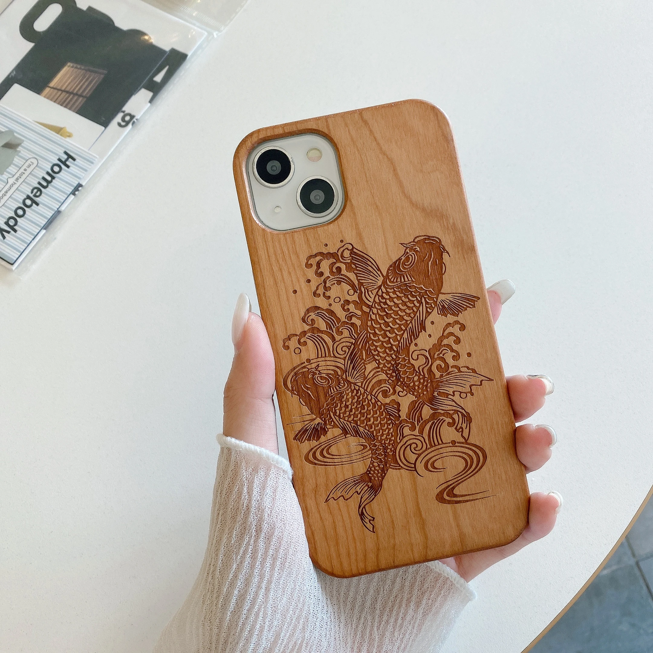 

Good Luck Koi Fish Real Wood Phone Case For iPhone15 14 14ProMax 14Plus 13Promax 13 12 11 Cherry Walnut Wooden Cover