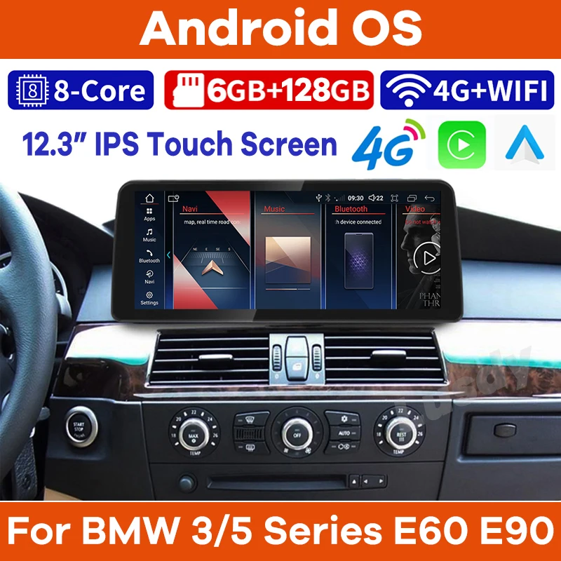 12.3in 8Core Android 13 Car Multimedia Player GPS Radio for BMW 5/3 Series CCC CIC E60 E61 E62 E90 E91 CarPlay Video DVD Screen