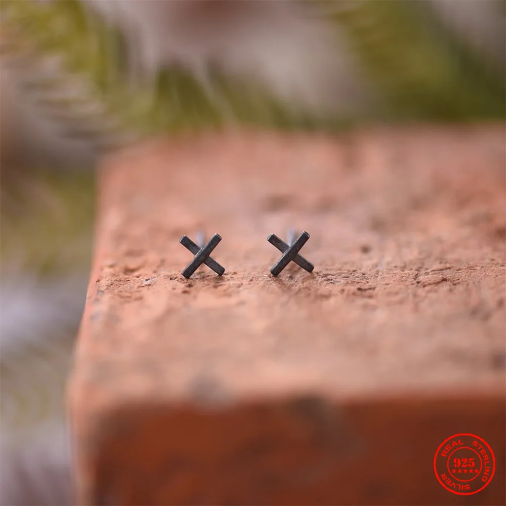Yizai 100% Sterling Silver Mini X Shape Stud Earring Classic Black Cross Stud Earring Unisex Style Quality Jewelry Gift