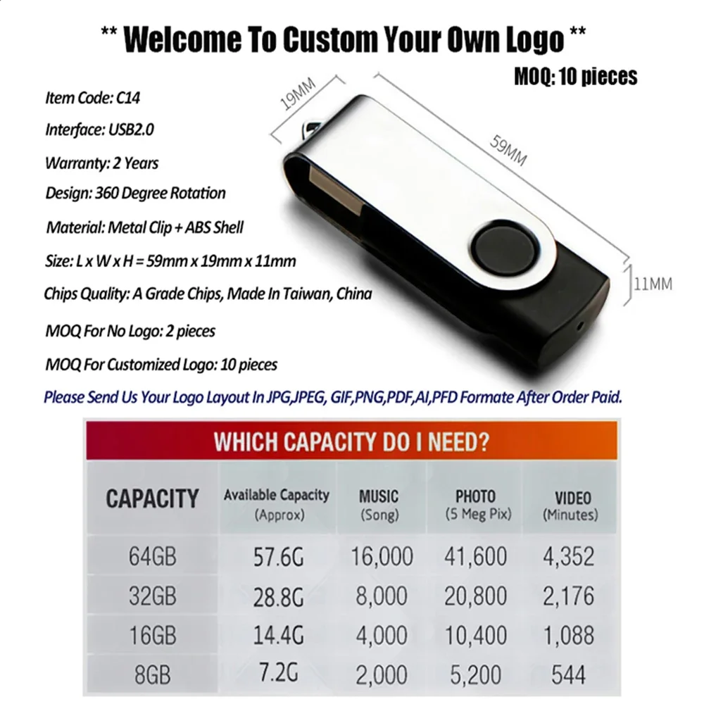 10개/세트 맞춤형 로고 고속 USB 플래시 드라이브 8GB 16GB 32GB 64GB USB 메모리 스틱 펜 드라이브 4GB 스마트폰/PC용