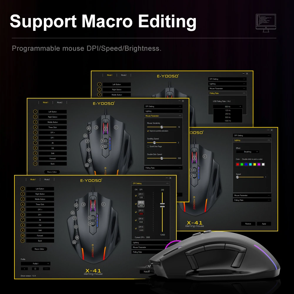 Gaming Mouse E-YOOSO X-41 USB Wired RGB Gaming Mouse 12400 DPI PAW3327 10 buttons programmable game Optical mice Computer PC Laptop