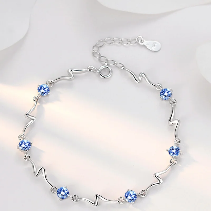 Fashion Jewelry Fashion Bracelet Korean Fashion Blue White Zirconia Elegant Sweet Delicate Silver Color Ladies Jewelry Wedding Party Bracelet