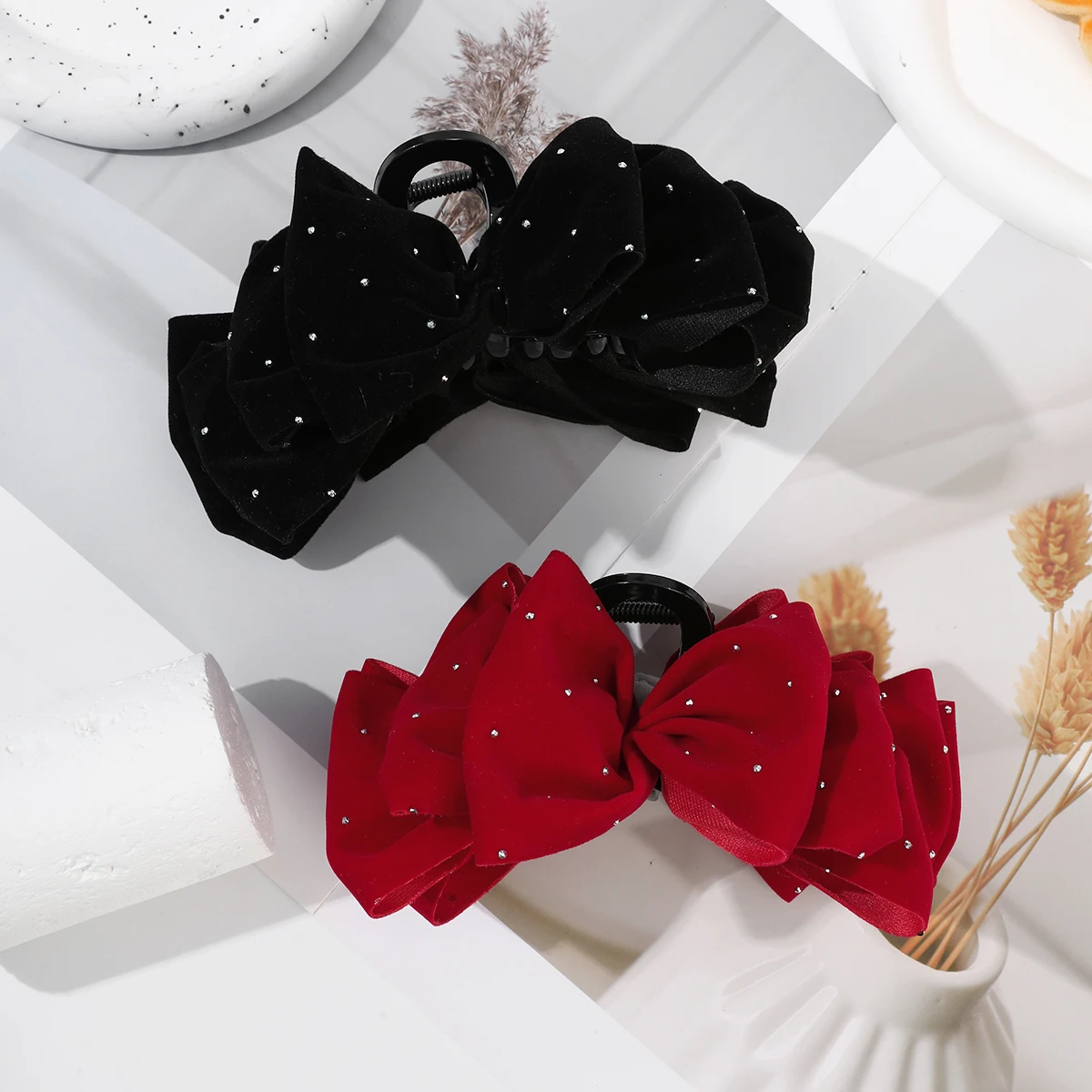 1pc Red Black Velvet Bow Hair Claw For Women Princess Head Grab Hairpin Headdress Large Hair Clips Girls Hair Accessories