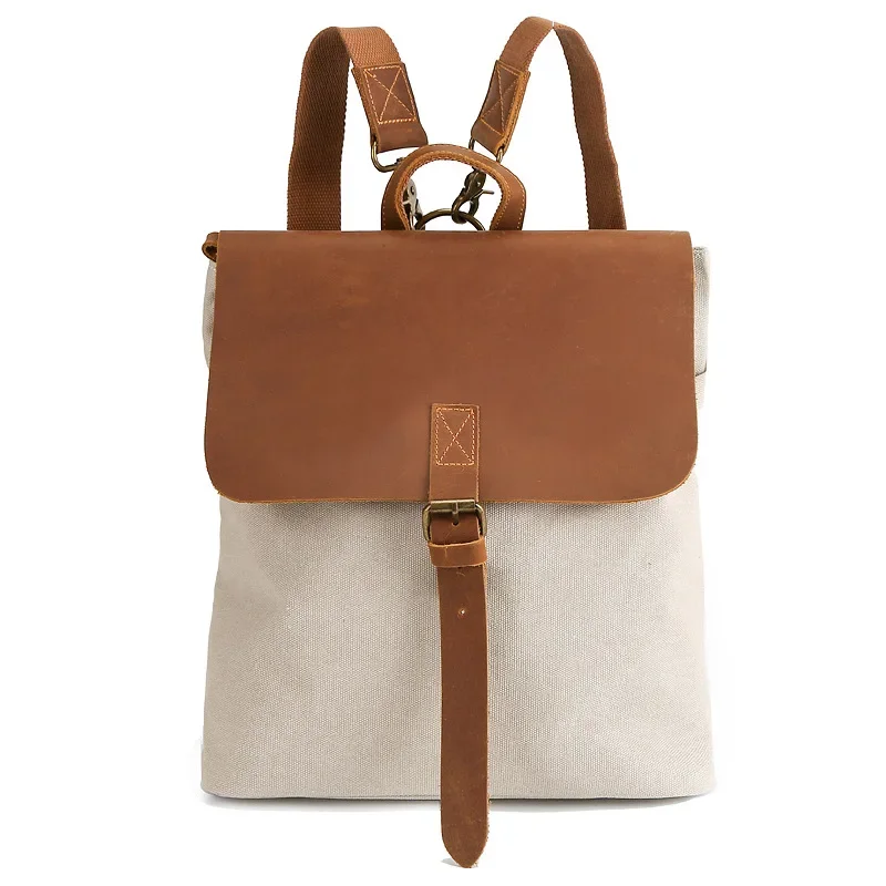 Vintage Canvas Backpack Men's Crazy Horse Genuine Leather Canvas Bag Outdoor Travel Backpack