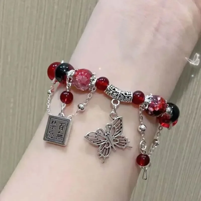 New Trendy Red Beaded Chain Bracelet for Women Simple Hollow Butterfly Pendant Bracelets Jewelry Gifts Accessories