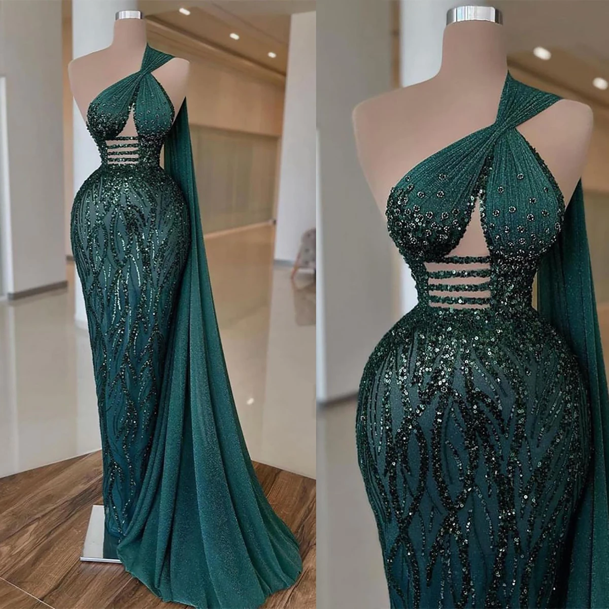 

Green Mermaid Prom Dress Sleeveless Bling Beads Sequins Appliques Pearls Lace One Shoulder V Neck Sweep Length Vestido De Novia