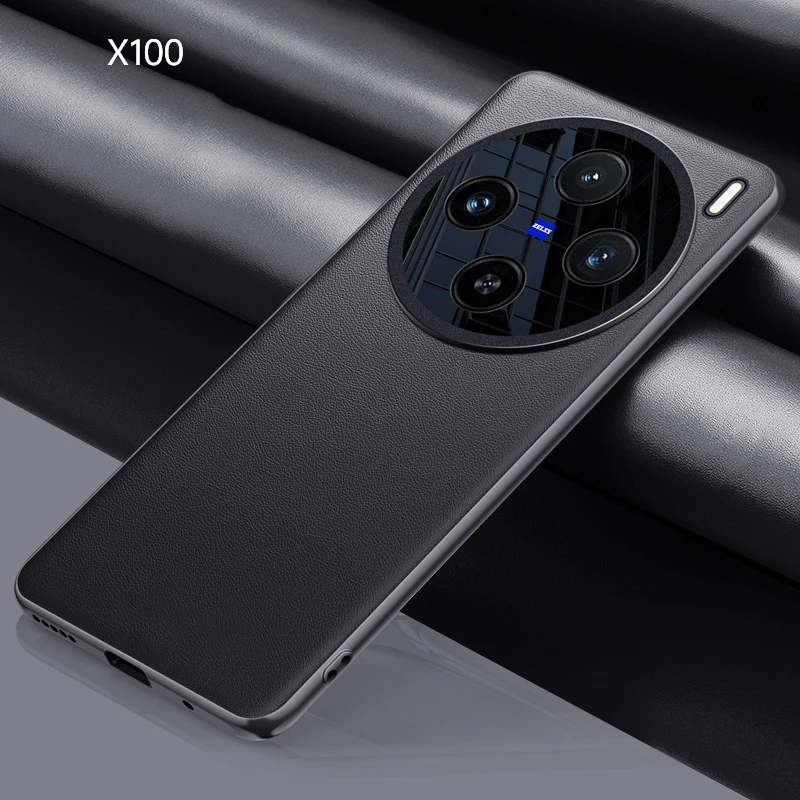 럭셔리 풀 커버리지 가죽 휴대폰 케이스, VIVO X100/Pro용 울트라 씬 하드 매트 백 카메라 보호대 소프트 TPU 쉘 펀다