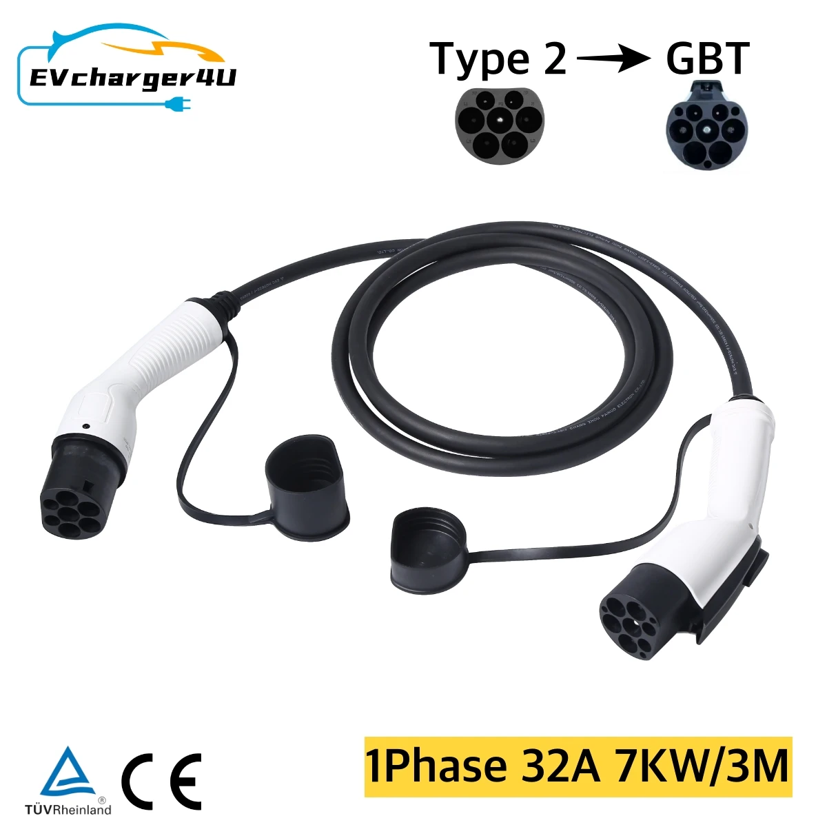 

EVcharger4U Type2 to GBT EV Charging Cable 1Phase 32A 7KW 3M Electric Vehicle Type 2 Cord GB/T for Charger Station
