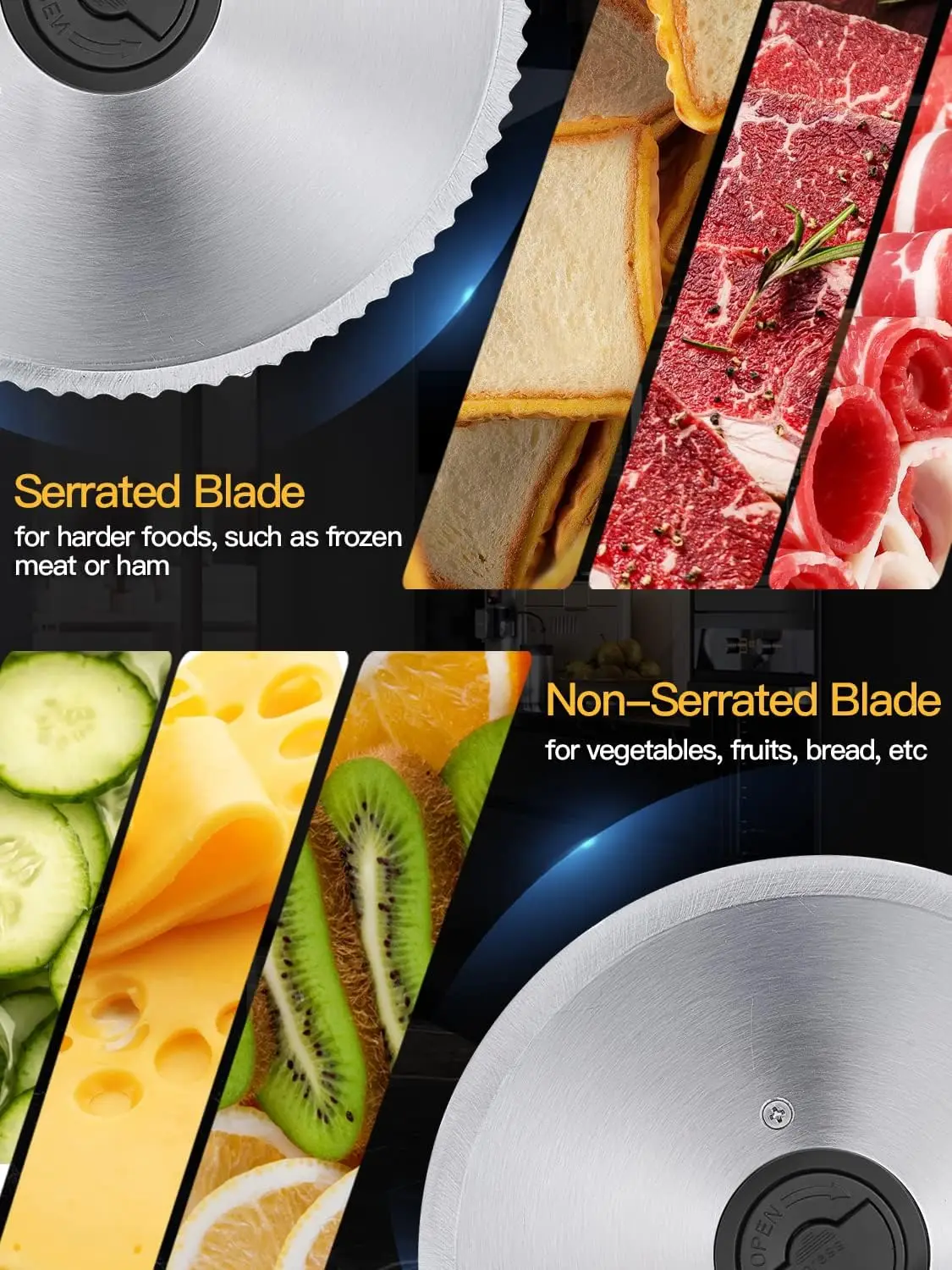 Slicer, 200W Electric Food Slicer with 2 Removable 7.5" Stainless Steel Blades and Stainless Steel Tray, Child Lock Protect 3