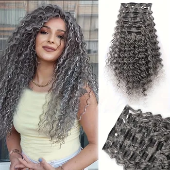 Parrucca grigio chiaro con clip a onde piccole |   Set di 7 Extension per Capelli con Clip di Alta Qualità per Allungare la Lunghezza dei Capelli