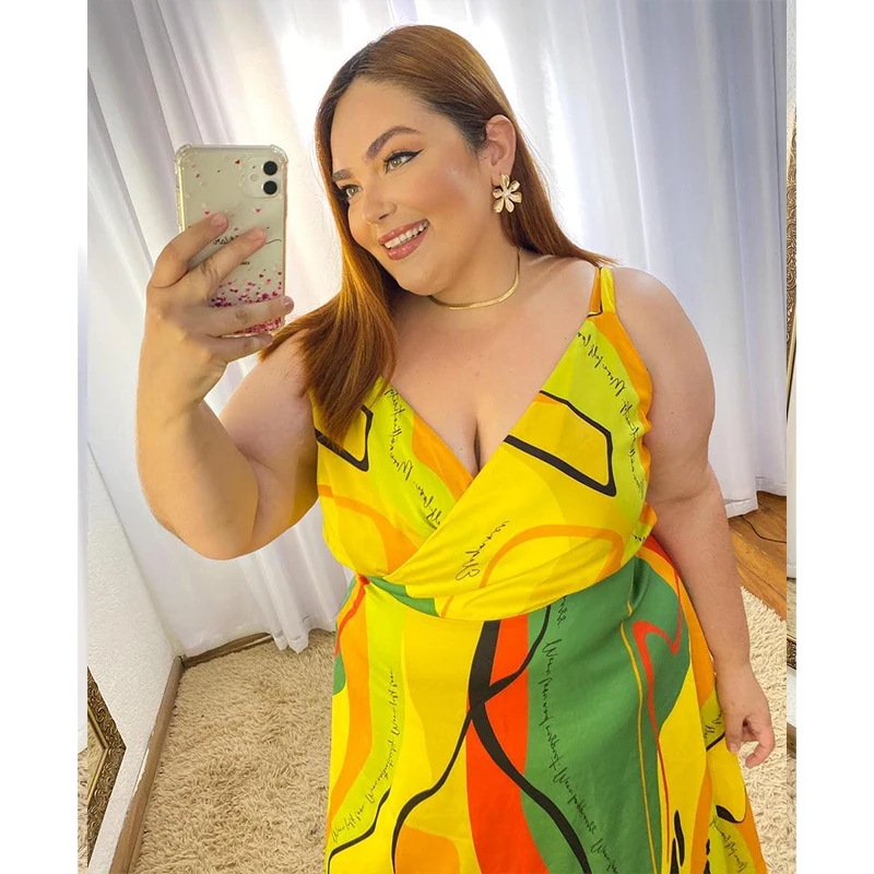 SOMO Fashion Printed Plus Size Women Dreeses V Neck Sexy Back Bandage Sleeveless Summer Party Dress 2023 Wholesale Dropshipping