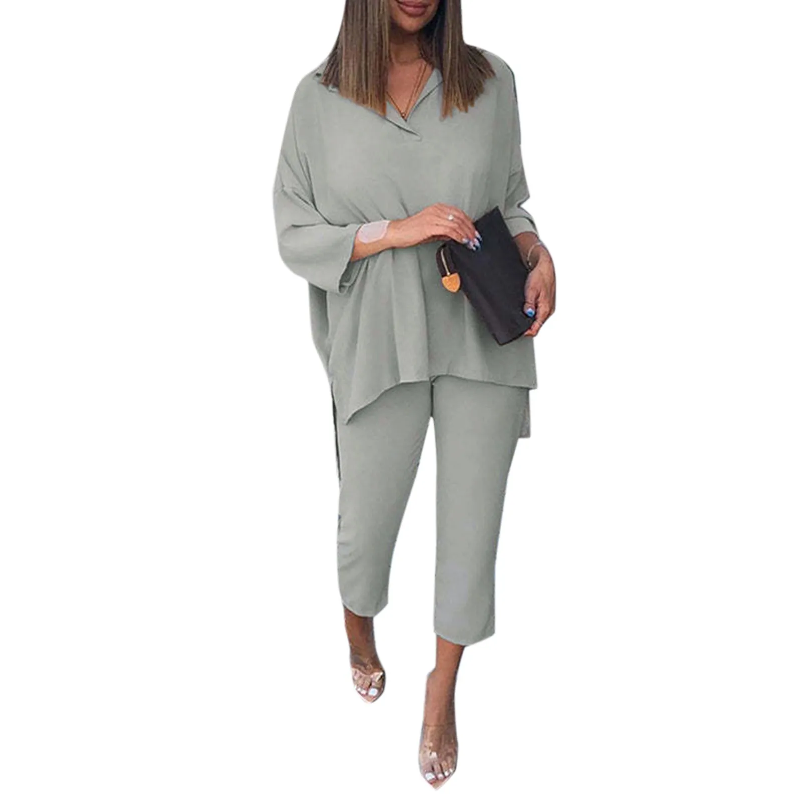 

Womens Urban Outfits Solid Color Suit V Neck Nine Point Sleeve T Shirt Blouse Nine Point Pants Suits Two Piece Loose Set