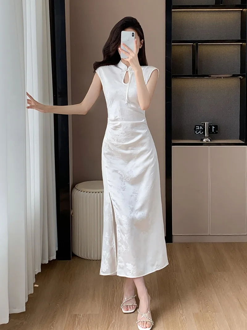 

Женское жаккардовое платье без рукавов, облегающее длинное платье в китайском стиле с воротником-стойкой, лето 2024