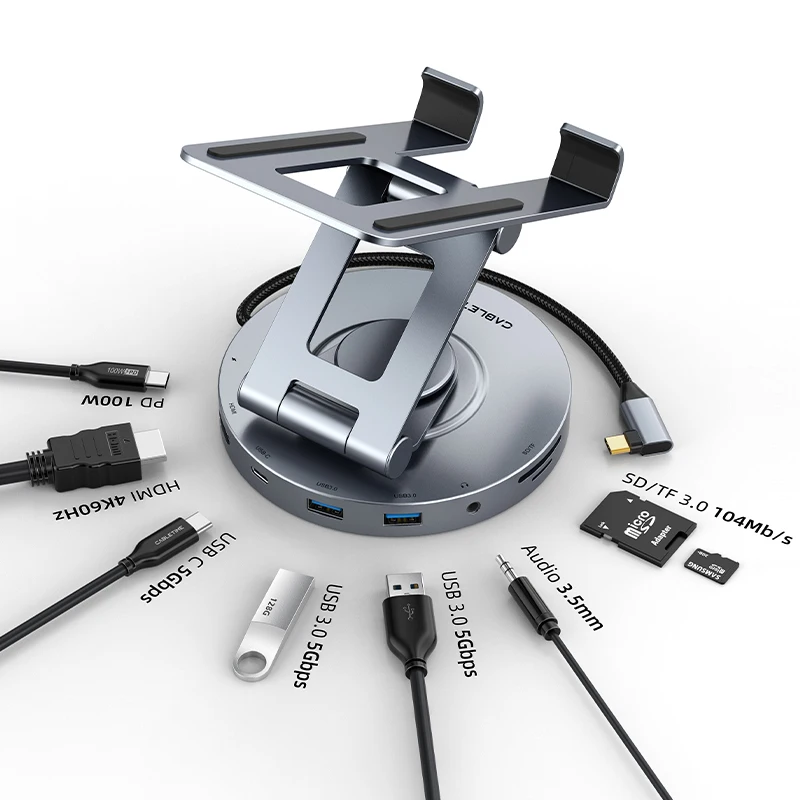 Suporte Rotativo 360 Hdmi 4k 60hz pd 100w Usb 5gbps sd tf Aux 3.5 mm Ipad Pro Tablet Cabletime-multi Usb c Hub C441 em 1 - Imagem 5