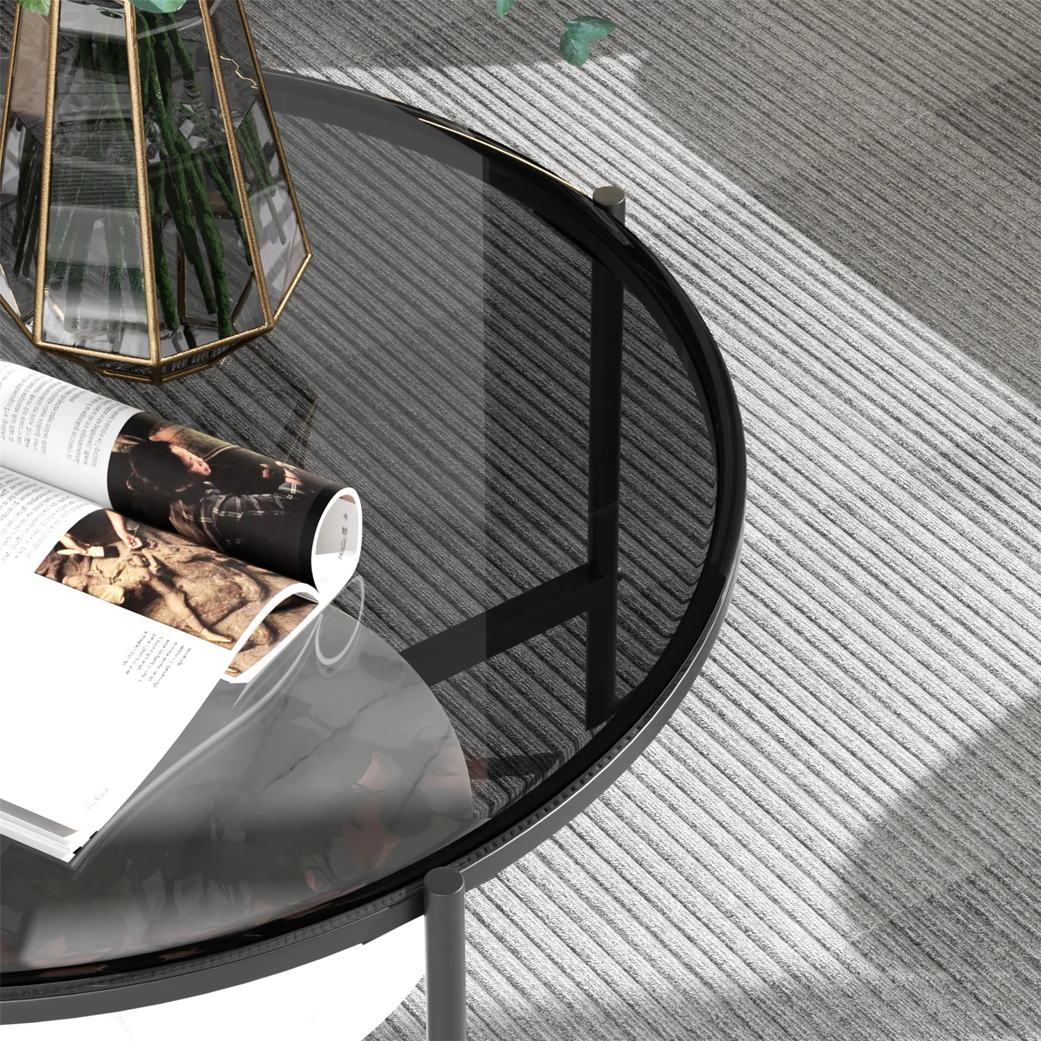 HOMPUS 32" Round Glass Coffee Table With Storage Shelf - Tempered Glass Top, Champagne Finish, Fully Assembled