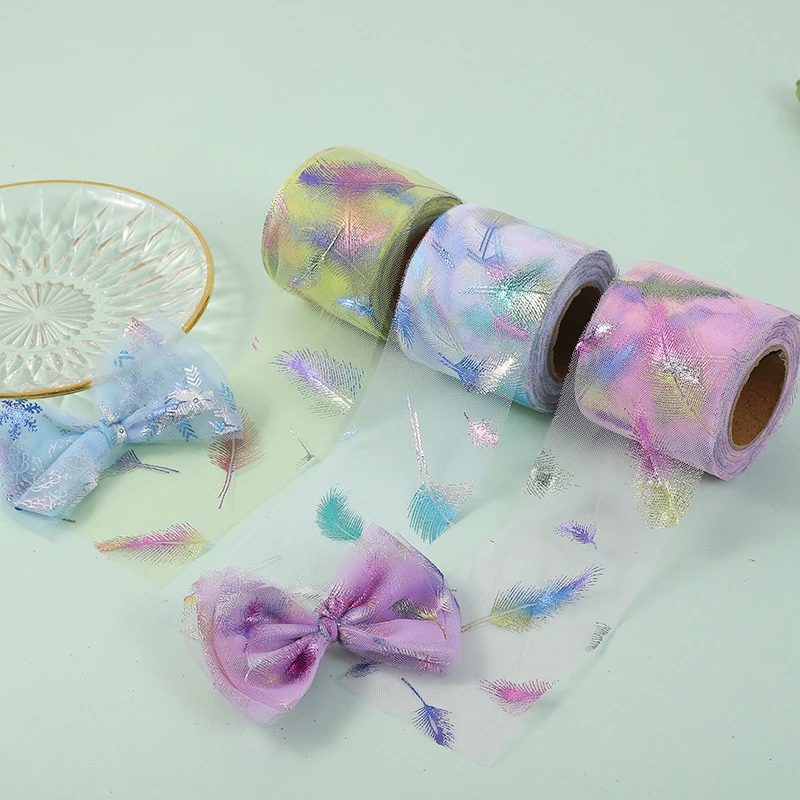

8/10/12cm Feather Printed Tulle Roll Organza Ribbons DIY Handmade Hairpin Bow Shower Baking Birthday Party Decorate Accessories