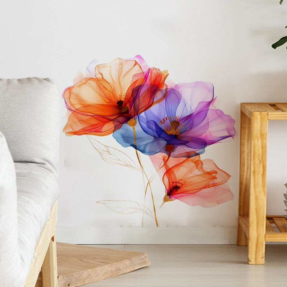Watercolor Flowers Leaves Wall Sticker Living Room Background Decoration Mural Removable Window Bedroom Home Decor Decals wall stickers wall sticker home decoration accessories