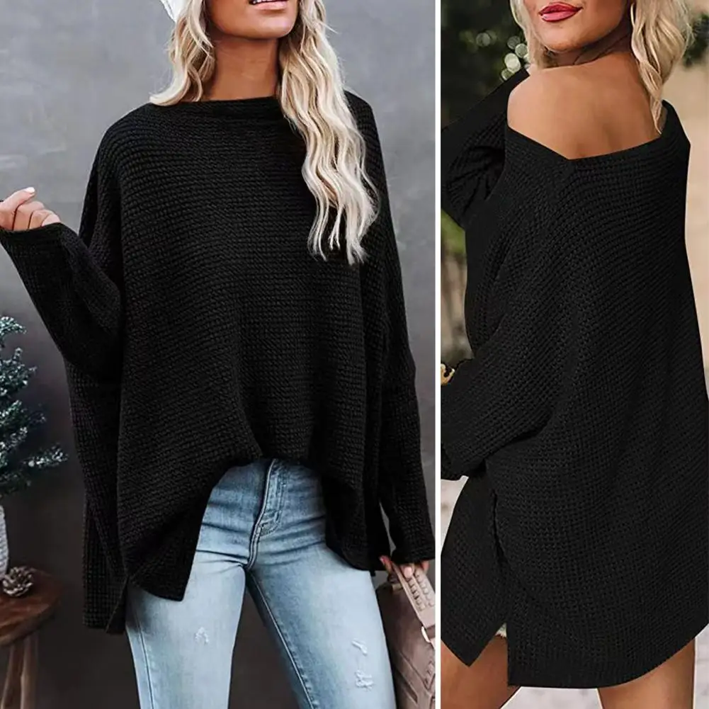 

Solid Color Top Elegant Women's Bat Sleeve Blouse Soft Solid Color Pullover with Oblique Neck Mid Length for Fall Spring Mid