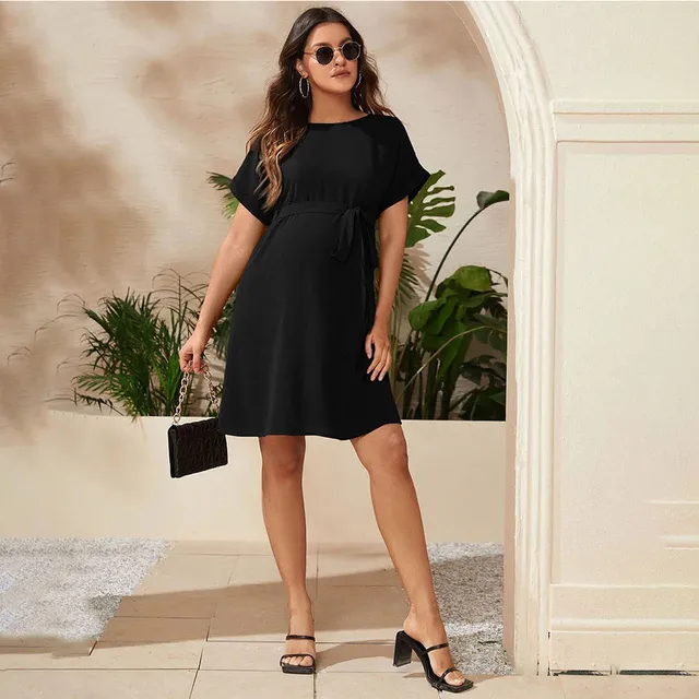 Maternity Clothings Solid Color Soft Elastic Maternity Dress Fashionable and Elegant Short Sleeved High Waisted Lace Up Dress 1