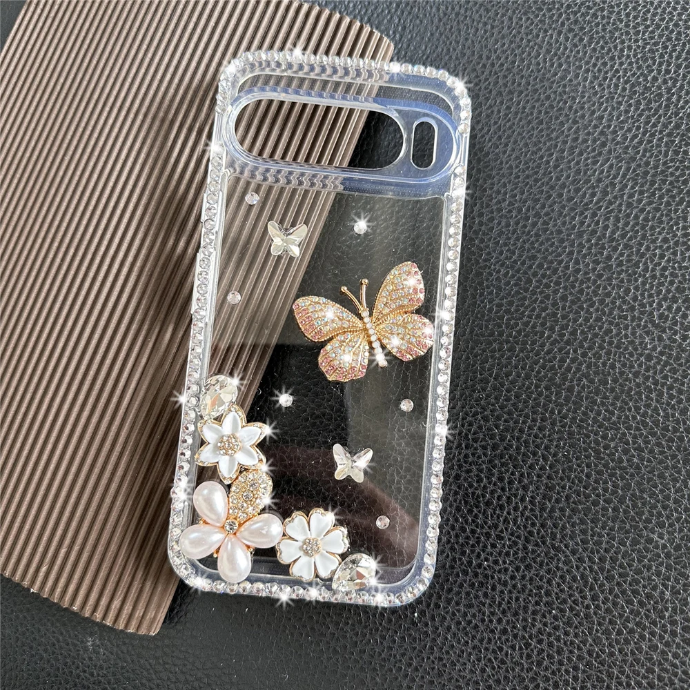 Glitter Rhinestone Butterfly Flower Case Bling Diamond Transparent Cover For Google Pixel 9 Pro XL 8Pro 8A 7Pro 7A 6Pro 6A 5A