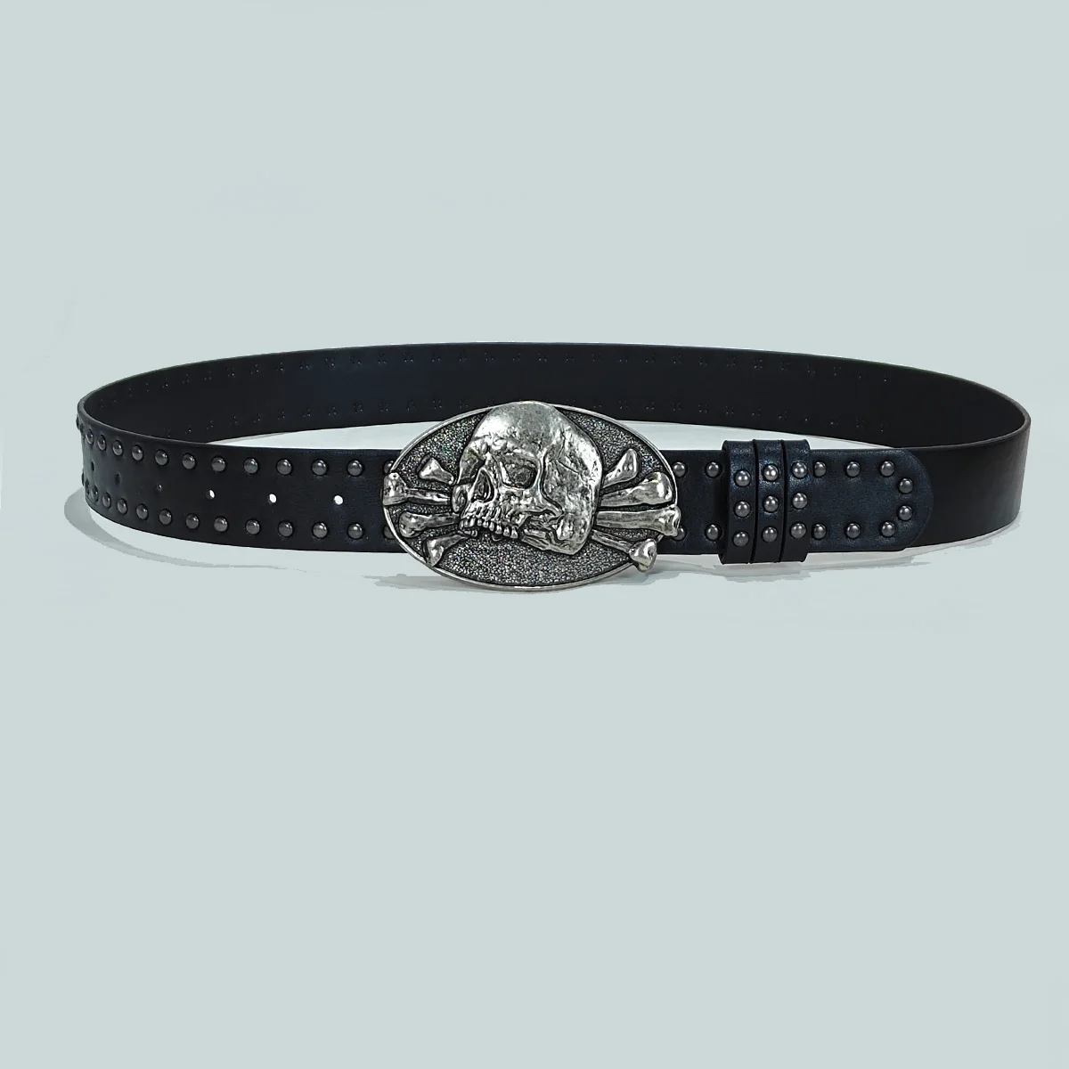 Herren- und Damengürtel im Coolen Punk-Stil mit Schwarzen Nieten Verziert, Heavy Metal Dark Belt, Übergröße, Gothic Breiter Totenkopf-Jeansgürtel für Männer – Detail 12