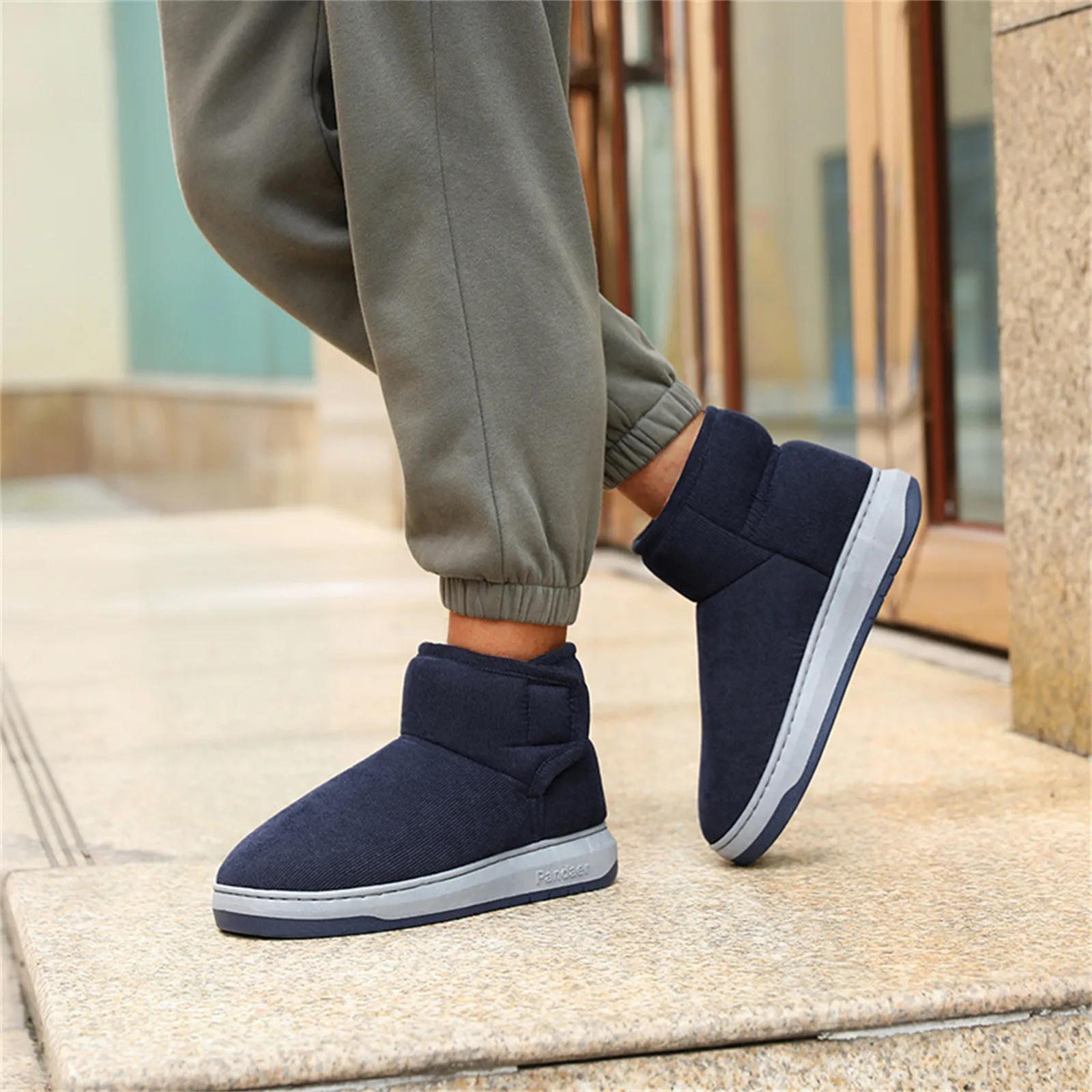Mens Casual Solid Color Suede Cotton Slippers Warm Thick Sole High-Top Soft Comfort Cotton Boots Indoor Outdoor All Match Shoes