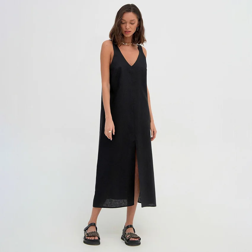 

Elegant Dress Summer New Casual Comfortable Black V-neck Backless Split Sleeveless Dress Fashion Long Dress for Women Clothing
