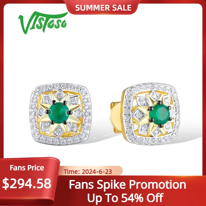 

VISTOSO Pure 14K 585 Yellow Gold Stud Earrings For Women Sparkling Diamonds Emerald Trendy Wedding Party Gift Fine Jewelry