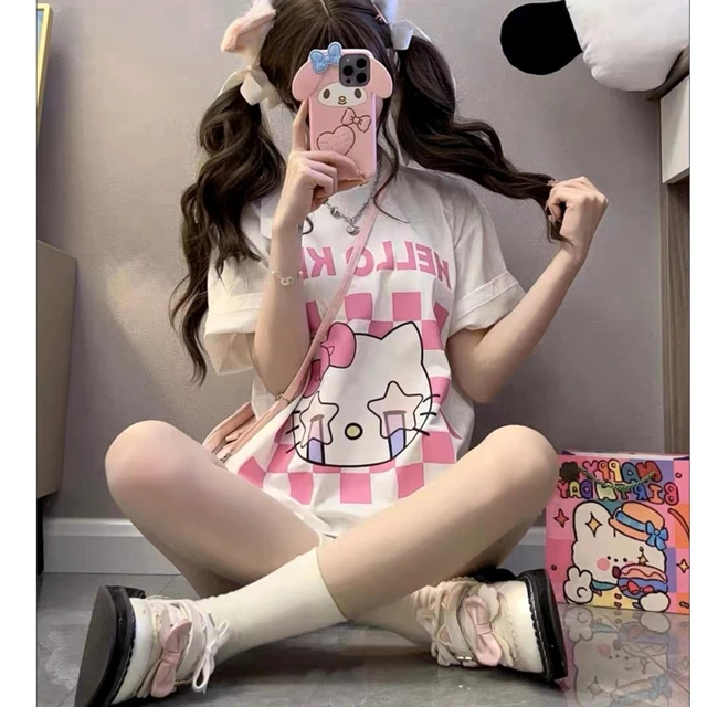 Hello Kitty Summer Cartoon Clothes For Fashion Women Oversize Cotton T Shirt  Girl Y2k Streetwear Korean Style Cute Short Sleeve - T-shirts - AliExpress