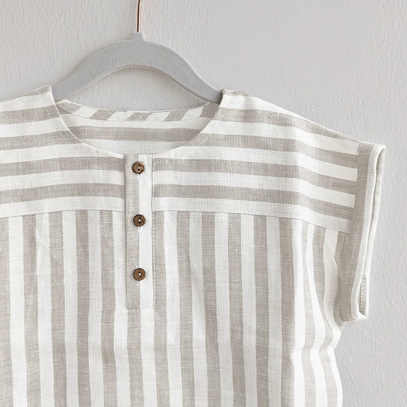 Boys Cotton And Linen Striped Casual T-Shirt 2024 Summer New Children's Round Neck Buttons Short-Sleeved Linen Tops TZ417 4