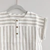 Boys Cotton And Linen Striped Casual T-Shirt 2024 Summer New Children's Round Neck Buttons Short-Sleeved Linen Tops TZ417 4