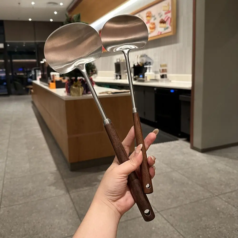 304 Stainless Steel Seamless Spatulas Wooden Handle Stainless Steel Cooking Shovel Long Handle Heavy Duty Fried Shovel