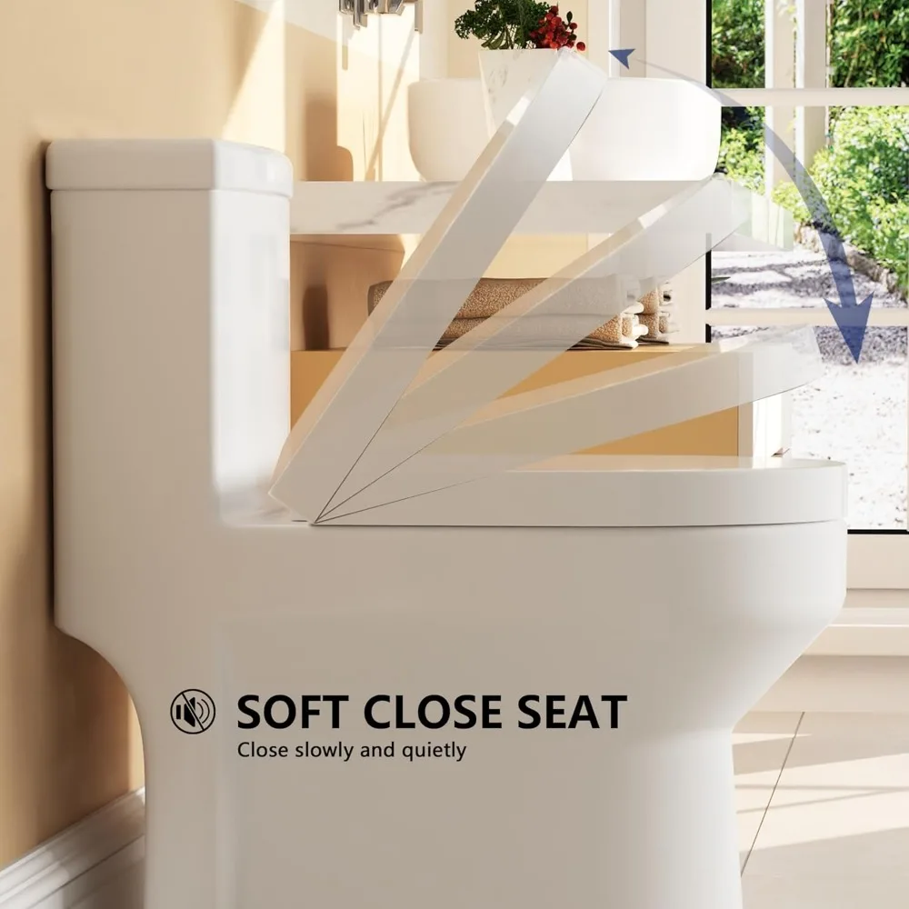 Small Compact One Piece Toilet, Dual Flush Toilet with Soft Closing Seat, 0.8/1.28 GPF High-Efficiency, White Toilet 4