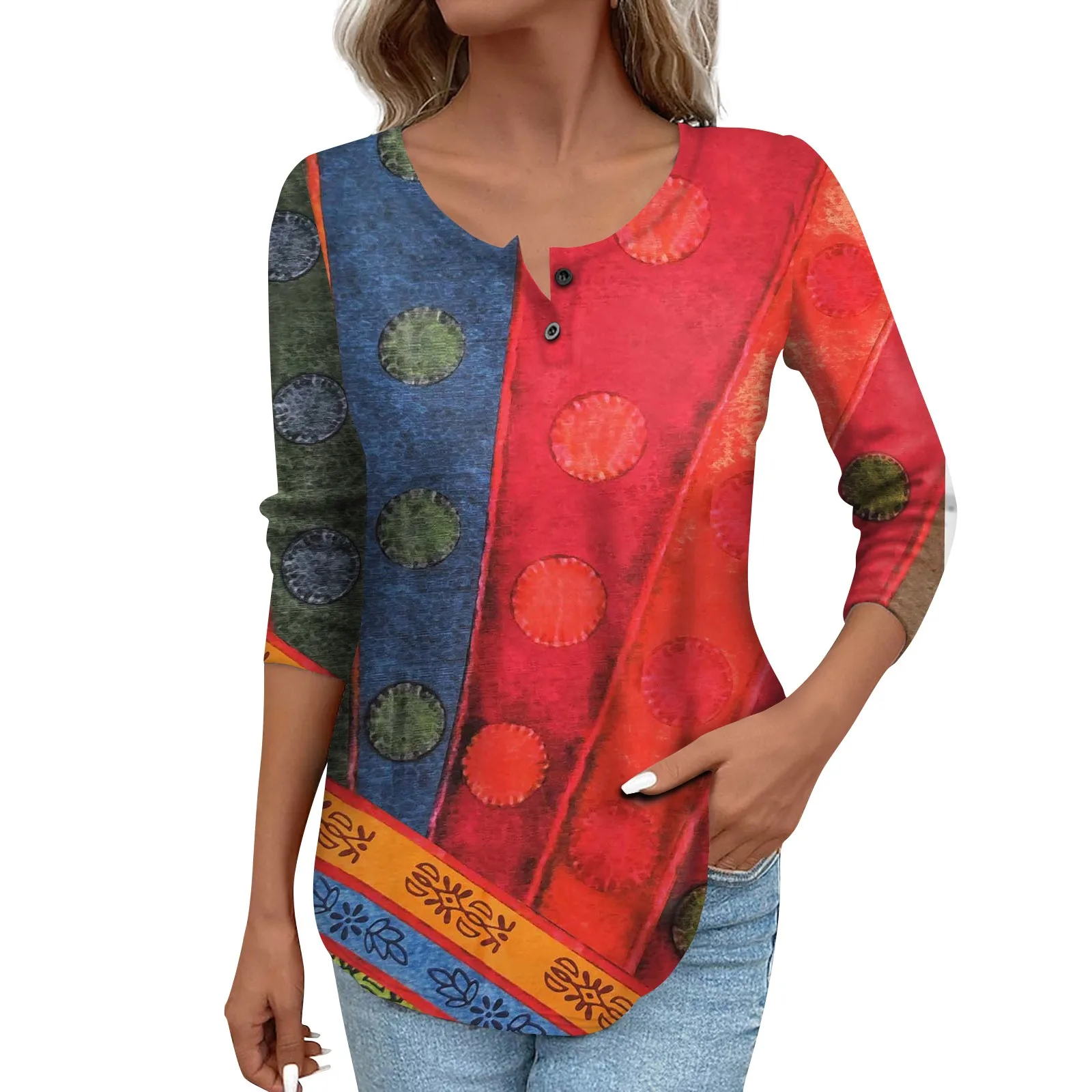 

Женская модная повседневная футболка с длинным рукавом и принтом, с круглым вырезом и пуговицами, Новая модная женская одежда, свободная повседневная футболка